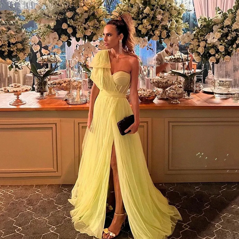 

Yellow One Shoulder Prom Dress A Line Chiffon Sweetheart Formal Evening Gowns High Slit Corset Simple Long Party Dresses