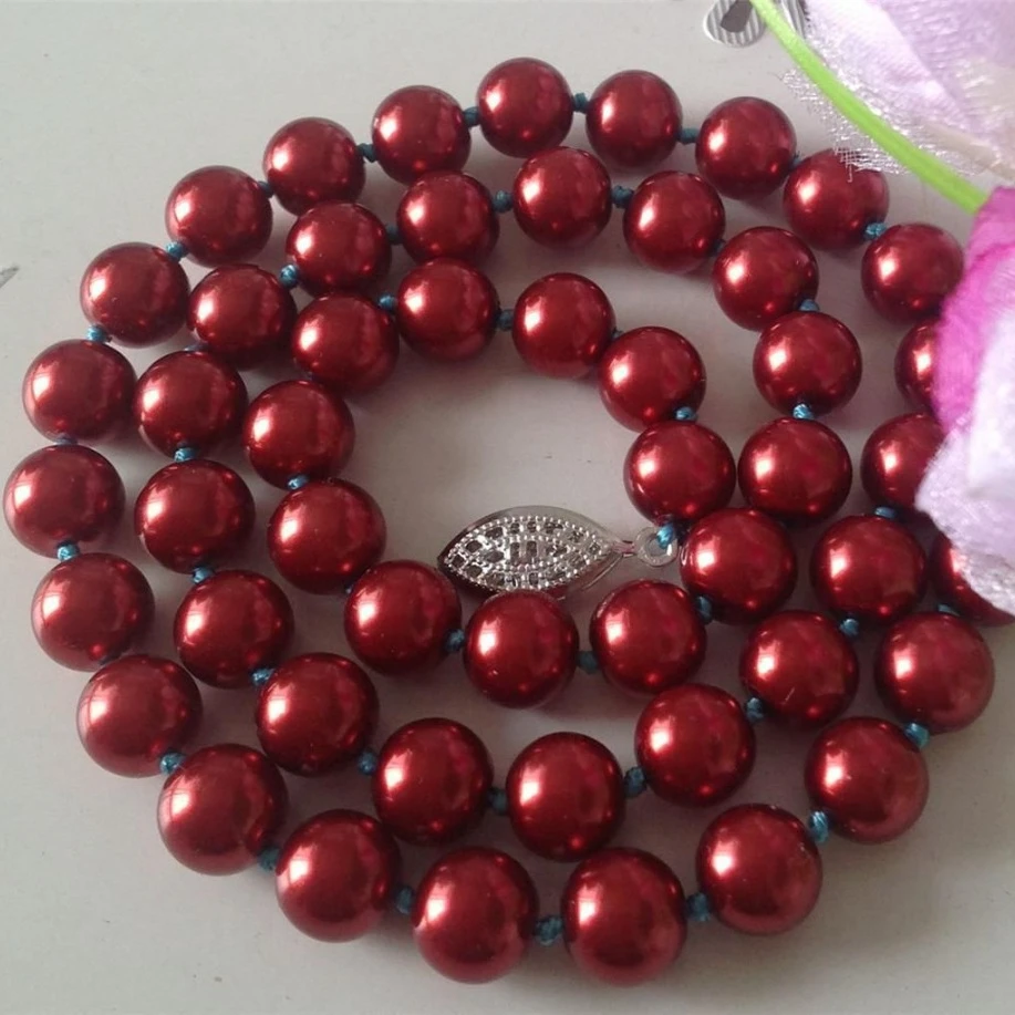 

New Fashion 10mm Red Ocean Sea Shell Pearl Necklace Pearl Beads Jewelry Rope Chain Natural Stone 18INCH
