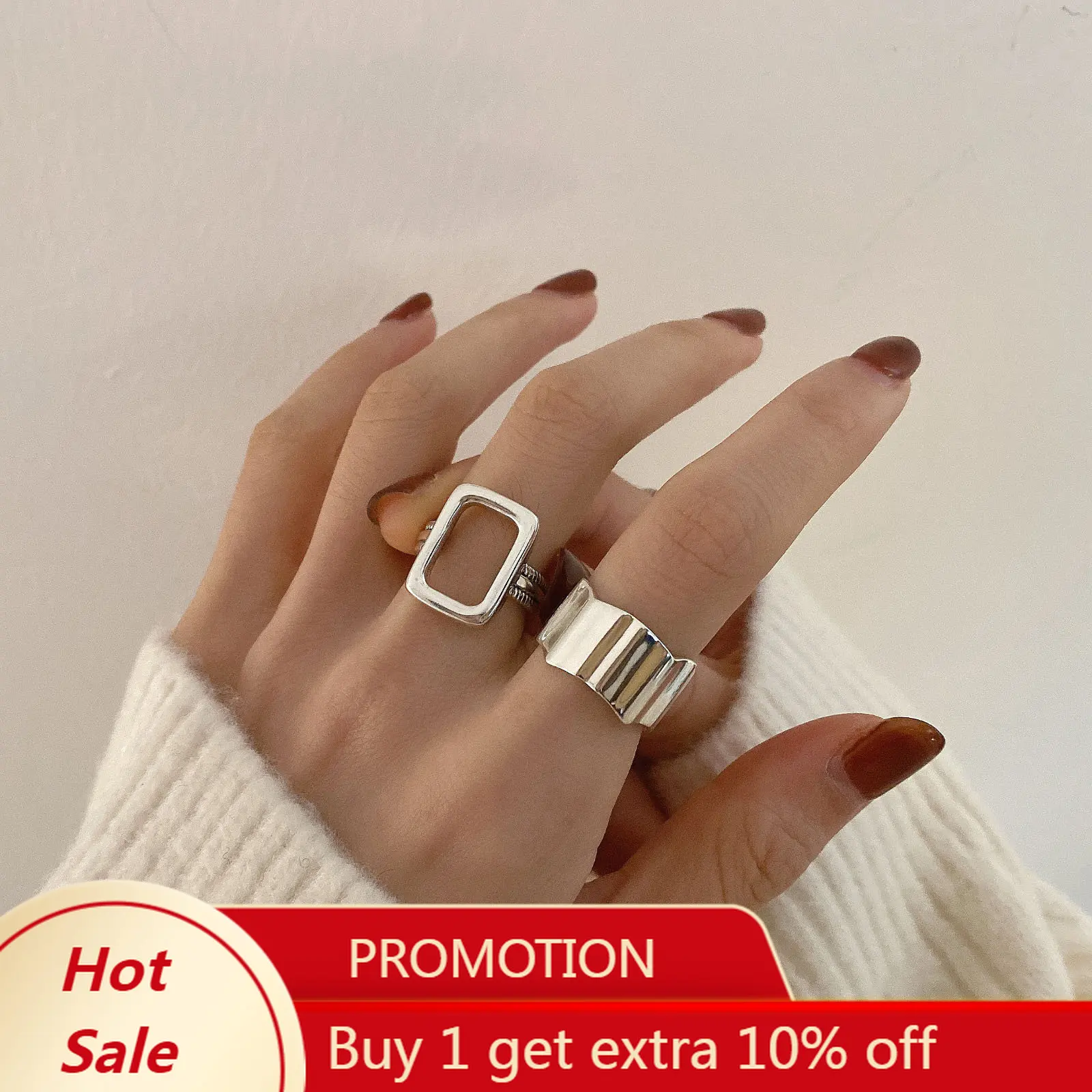 

MEETSOFT Trendy 925 Sterling Silver Retro Hollow Square Irregular Opening Index Finger Ring for Women Punk Jewelry Drop Shipping