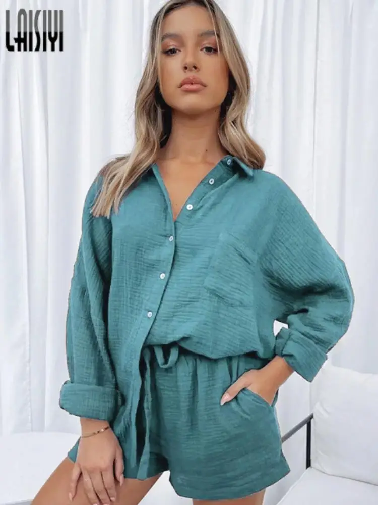 

Комплекты из хлопка и льна с шортами, Женские однотонные костюмы, Повседневная Блузка с рукавом девять четвертей, пижамы, свободный комплек...