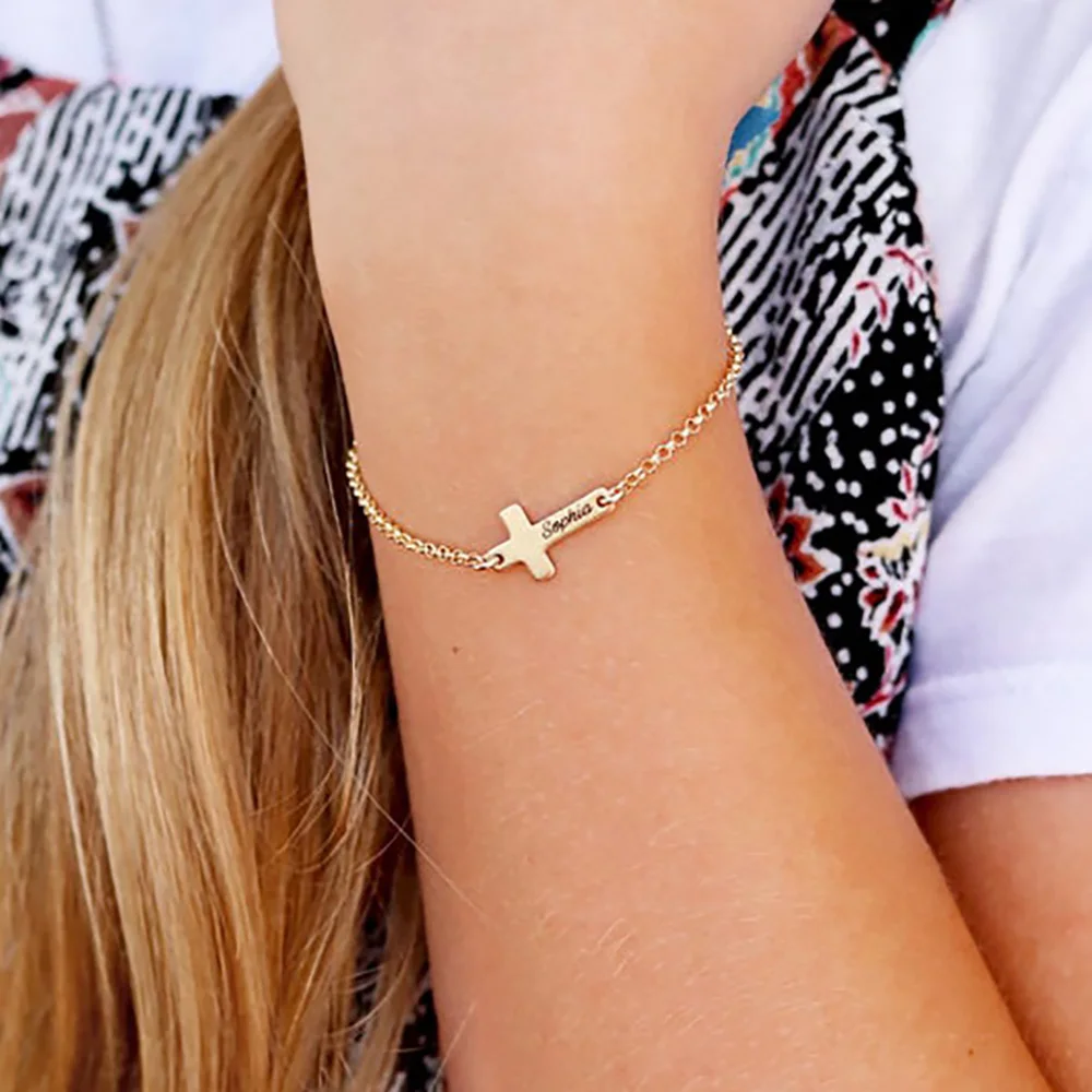 

Custom Name braclets for women With Cross Personalized Engraved Letter Stainless Steel Jewelry Unisex Anniversary Gift