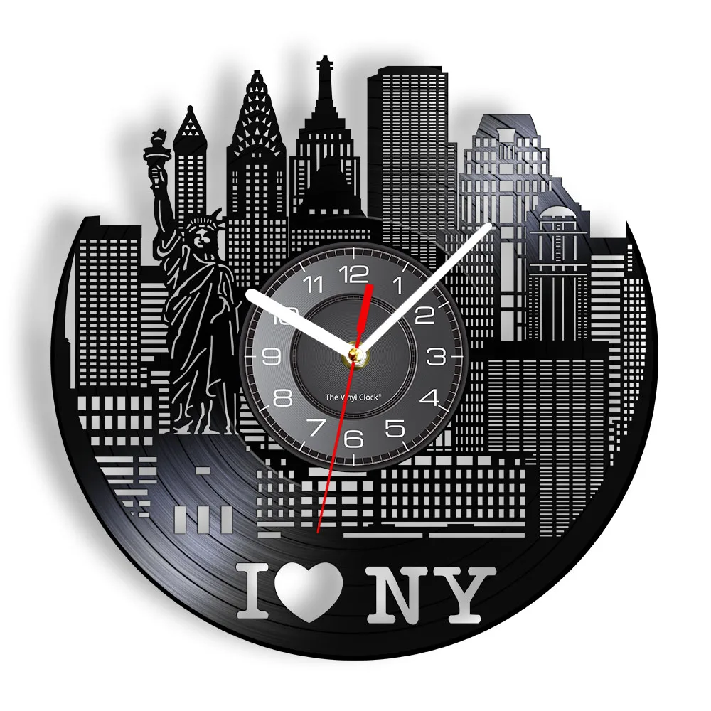 

New York Cityscape Modern Silent Wall Clock Watch Wall Decor NYC Skyline Vinyl Record Wall Clock Watches Unique Travel Gifts