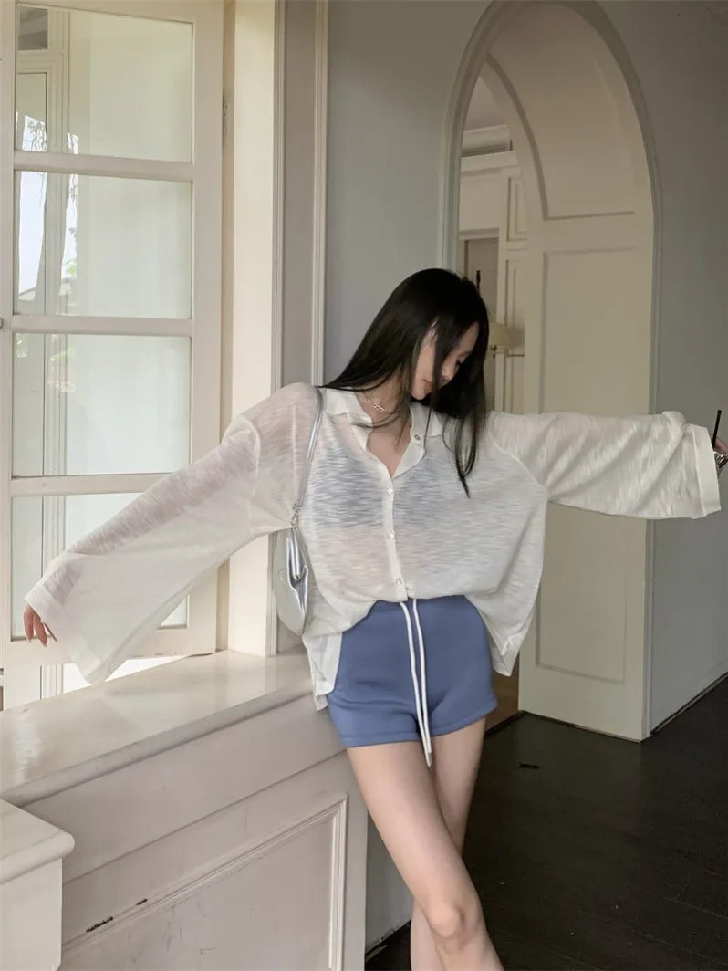 Hong Kong Flavor New Thin Polo Collar Button Knitted Sun Protection Shirt + Gyaru Drawstring Sports Leggings