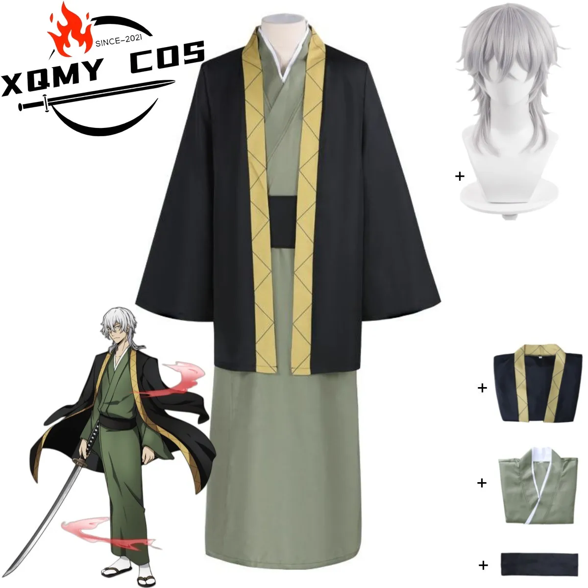 Фото XQAnime Bungo Stray Dogs Fukuzawa Yukichi Косплей Костюм Член детективного агентства Японское кимоно Плащ Парик Человек Костюм на Хэллоуин №1