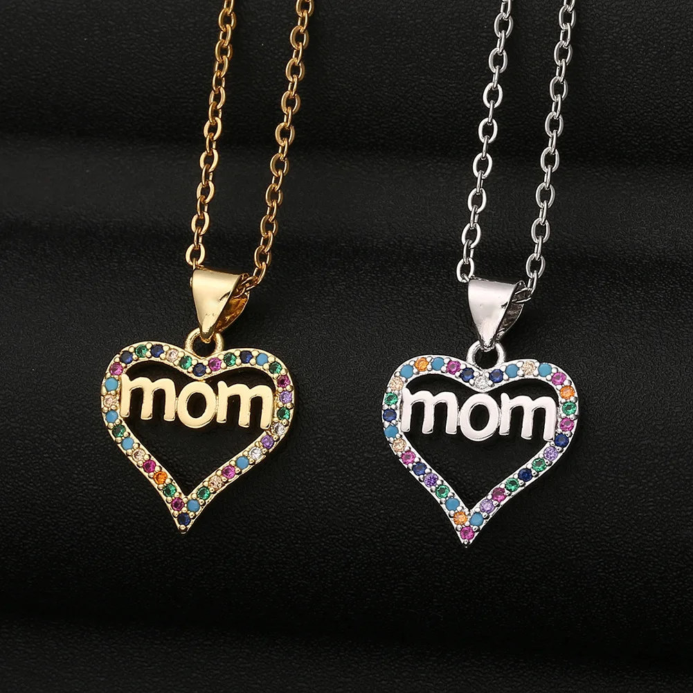 Fashion Colorful CZ Mom Heart Pendant Necklaces For Women Mom Crystal Rhinestone Letter Stainless Steel Chains Mother's Day Gift