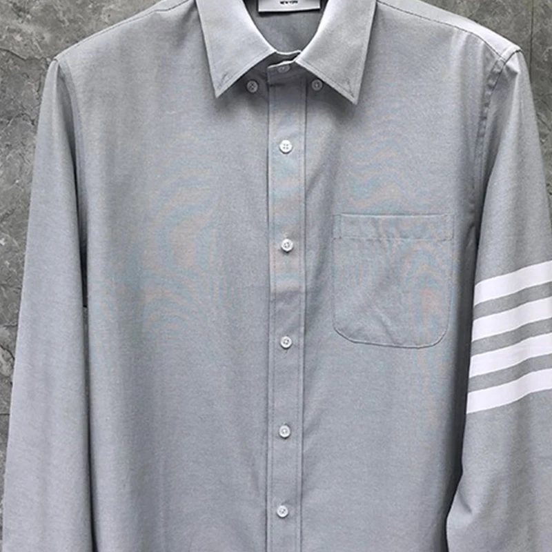 TB THOM Shirt Men Office Casual  Long Sleeve Oxford Solid Men Slim White Bar Design Shirt Thin Grey TurnDown Collar Mens Shirt