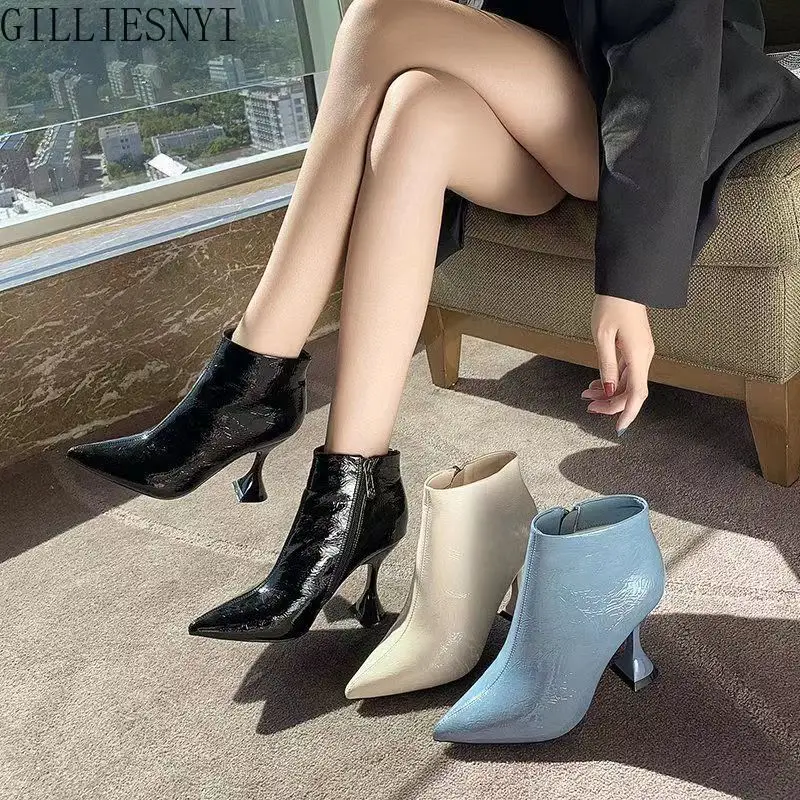 

2022 Sweet Style Women Thin High Heels Pointed Toe Ankle Boots Autumn Side Zip Pu Leather Ladies Short Boots Shoes Spring Autumn
