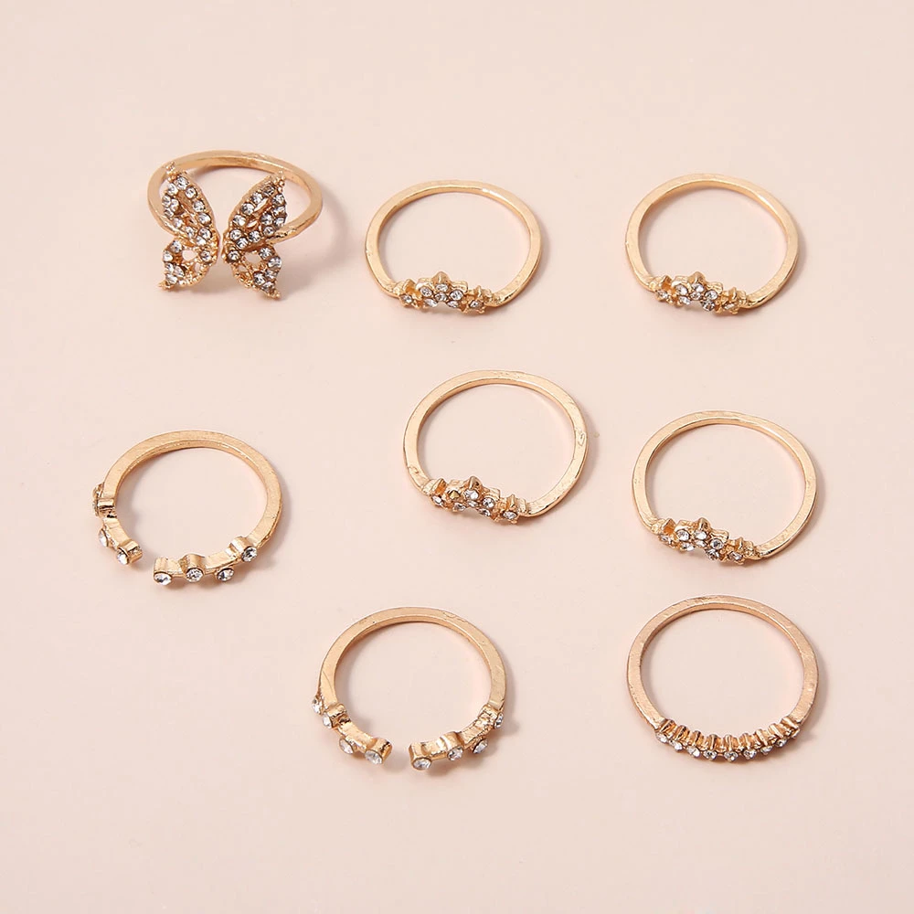 Bohemian Gold Color Butterfly Rings Set For Women Fashion Shiny Crystal Geometric Flower Knuckle Finger Ring Jewelry Adjustable