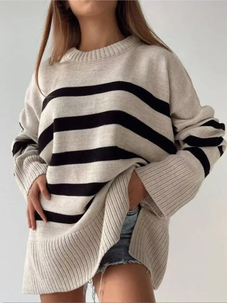 Модный полосатый вязаный свитер женский свободный пуловер с длинным рукавом и