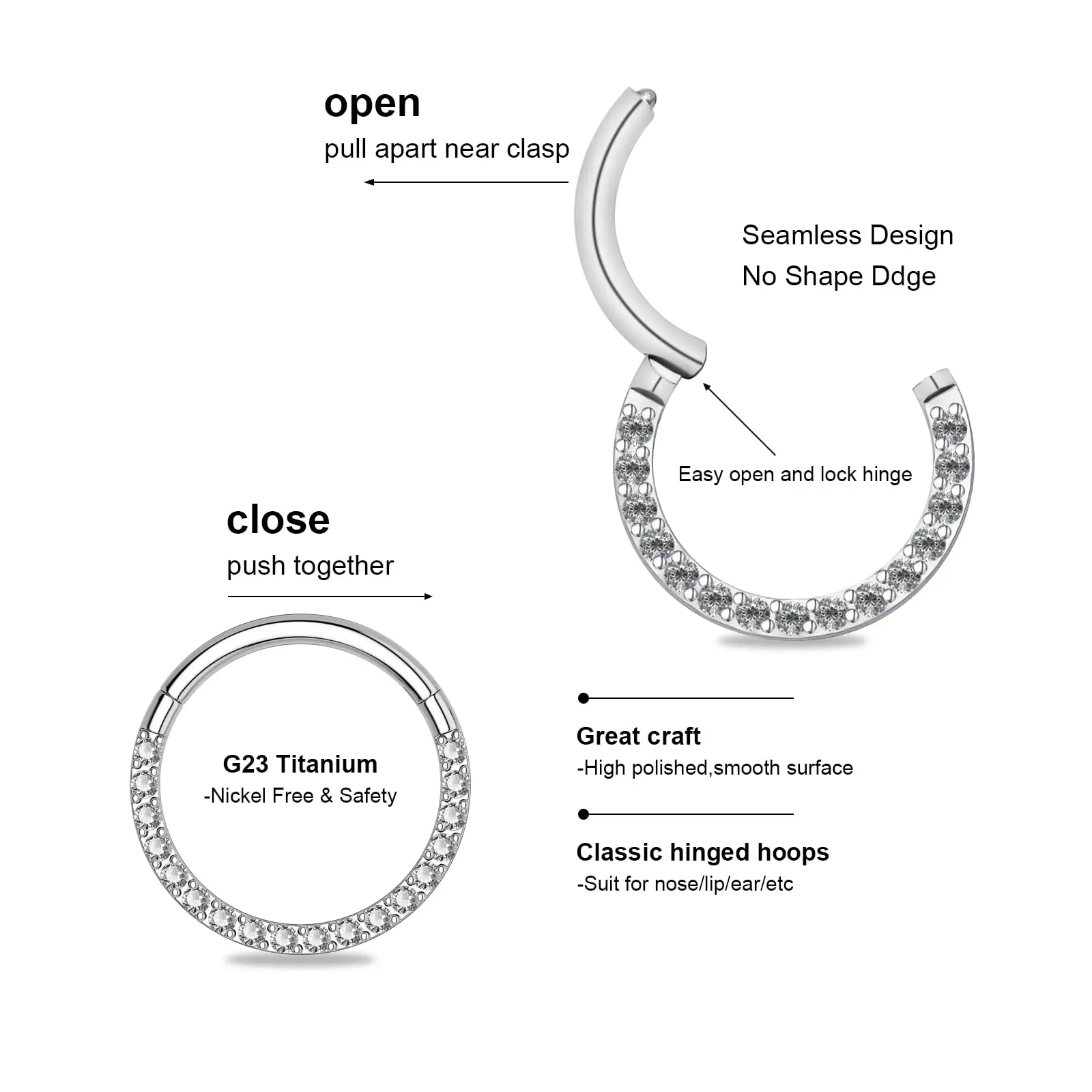 Round ShapeTitanium Nose Ring Zircon Septum Clicker Earrings Hoops Ear Cartilage Tragus Helix Piercing Jewelry