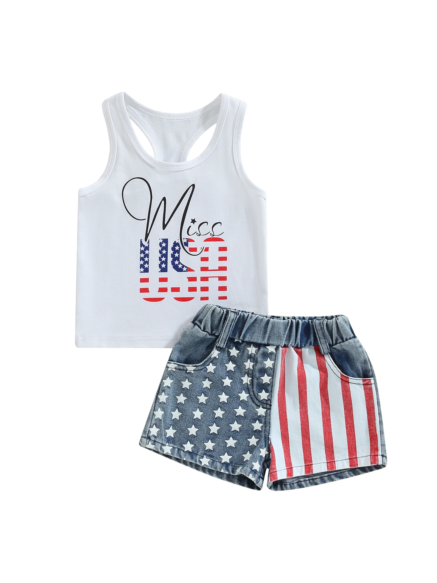 

Toddler Baby 4th of July Outfit Boy Letter Print Tank Tops Sleeveless T-Shirt American Flag Shorts 2Pcs Set