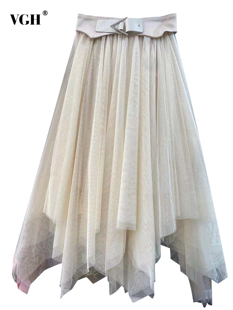 

VGH Casual Mesh Skirt For Women High Waist Patchwork Detachable Sashes Midi A Line Solid Skirts Female 2022 Autumn Fashion Style
