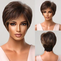 mixed dark glonde brown wig for black women natural synthetic short pixie cut wigs with bangs heat resistant cosplay daily wig