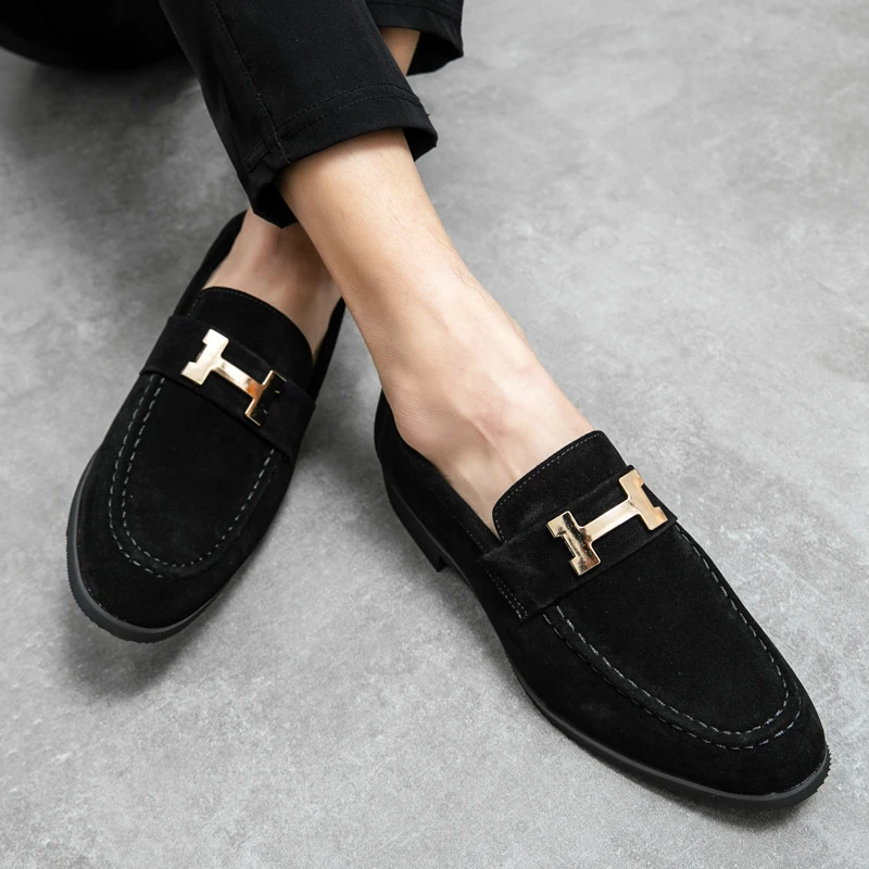 

New Black Loafers Men Flock Shoes Business Brown Breathable Slip-On Solid Shoes Handmade Size 38-48