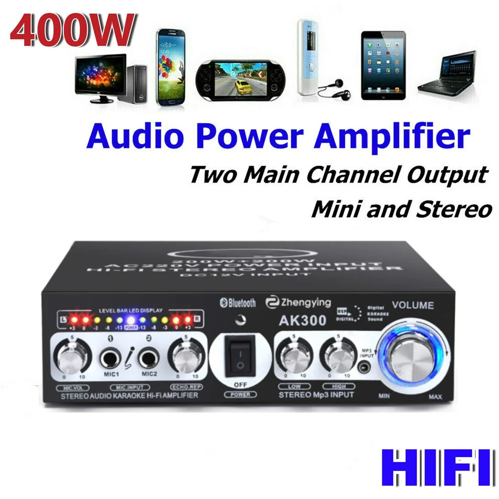 

AK300 400W Home Power Amplifiers 2 Channel AUX Bluetooth 5.0 Mini HIFI Digital Amplifier Stereo With 3.5mm Input Jack 12V-220V