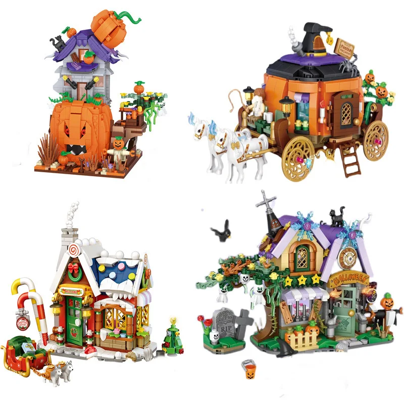 

LOZ 1249 Creative MINI Halloween Pumpkin Ghost House Toys Building Block DIY Christmas House Tree Brick For Children Gifts 1223