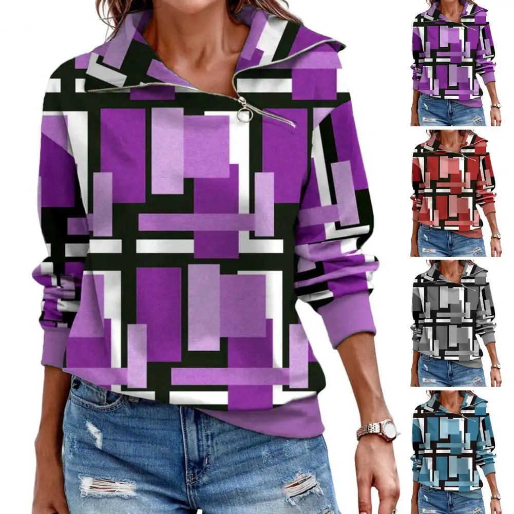 

2022 Women Autumn Sweatshirt Zipper Long Sleeves Plaid Print Geometric Pullover Warm Casual Skew Collar Lady Sweatshirt Jumper