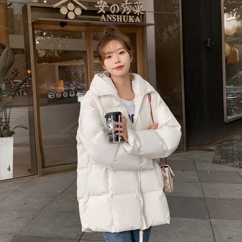 New Down Cotton Parka Winter Jackets Women White Zipper 2022 Korean Loose Hooded Bubble Coats Female Simple Basic Outwear