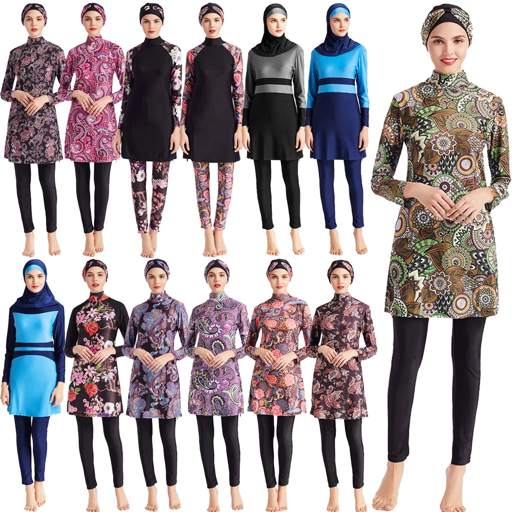 

3PCS Muslim Women Plus Size Long Sleeve Swimwear Floral Print Swimsuit Modest Burkini Islamic Bathing Suit Beachwear Burkinis