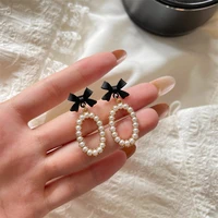 2022 new contracted bowknot pearl drop earrings sweet black color korea fashion women lovely earrings jewelry