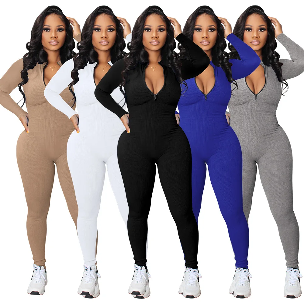 

fitness workout jump suits for women long sleeve ribbed zip up jumpsuit bodycon rompers joggers solid color skinny outfits