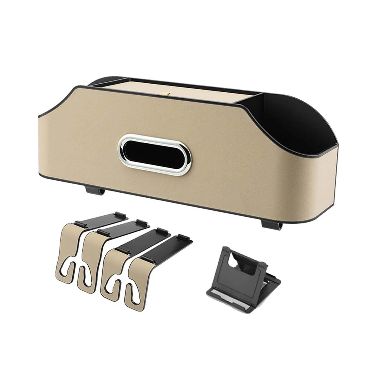 

Car Headrest Backseat Organizer with 2 Drink Cup Holder, Cell Phone Holders, Hooks and Tissue Box Accessories - Beige