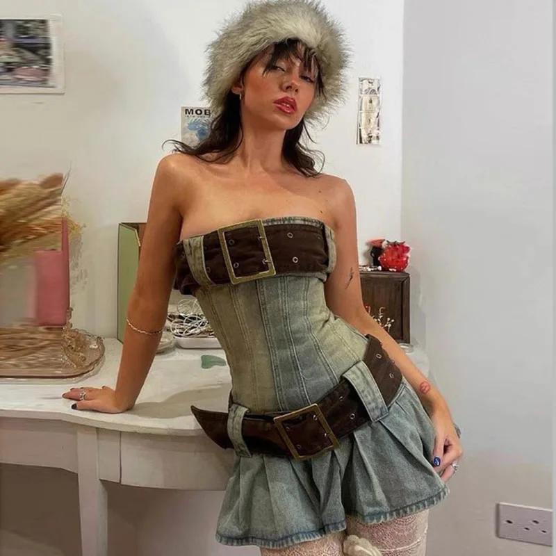 

Dress Women's Off-Neck Wide Waist Stitching Distressed Washed Cotton Denim Tube Top Retro High Waist Pullover Type Short Summer