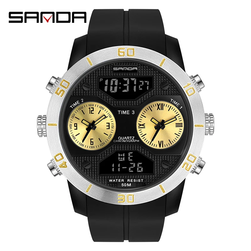 

SANDA Fashion Men Three Time Display Digital Watch Male Student Electronic Watches Outdoor Sports Youth Alarm Waterproof Clock