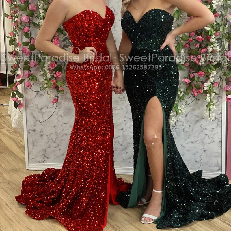 

Red Sequins High Slit Evening Dress Pleat Mermaid Sweep Train Long Sweetheart Neck Women Trumpet Prom Dresses Homecoming