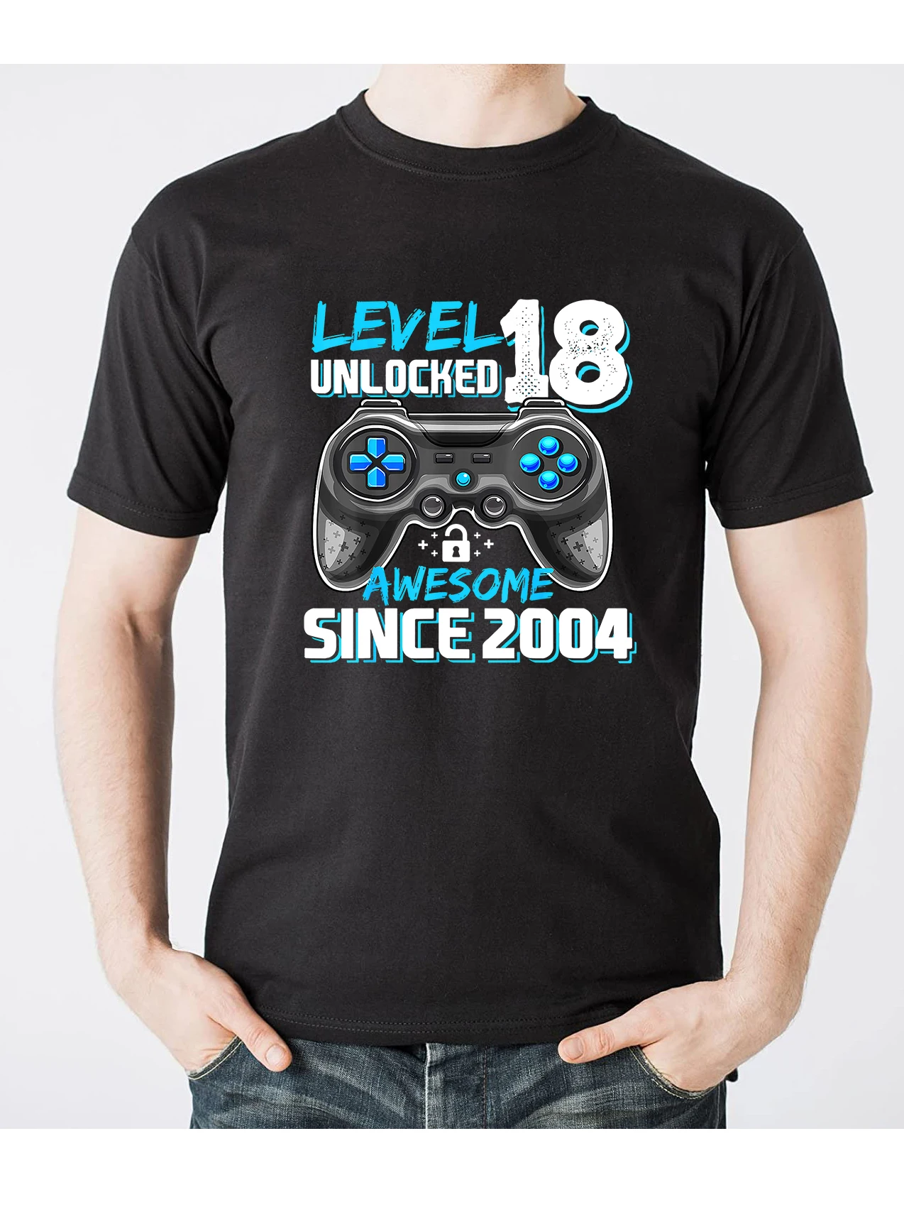 

100% Cotton Top For Men Boys Vintage Men's T Shirt 18th Birthday Gift Level 18 Unlocked Awesome 2004 Video Game Unisex T-Shirt