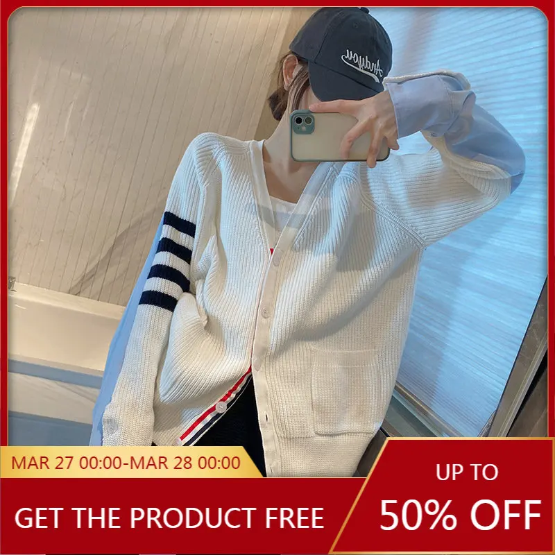 

High Quality Korean Style Autumn TB Wool-knit Sweater Cardigan Paneled Coat Four-bar Loose Hooded V-neck Couple Wool Top