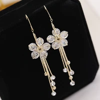 korean fashion flower tassel drop earrings for women crystal pearl flowers asymmetrical hanging earring wedding party jewelry