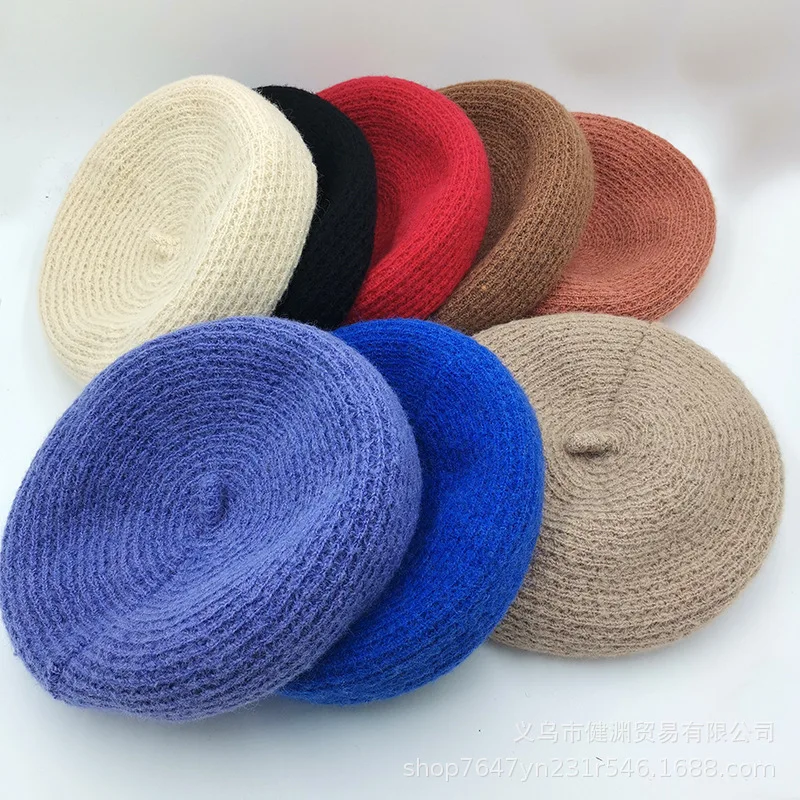 

Высококачественный шерстяной вязаный берет, Женская осенне-зимняя шапка художника, универсальная большая вязаная шерстяная шапка