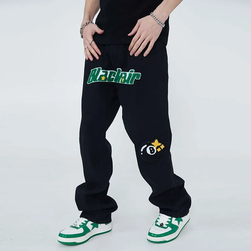 

Harajuku Front Letter Towel Embroidery Spliced Mens Denim Pants Straight Ripped Frayed Oversized Streetwear Casual Jeans