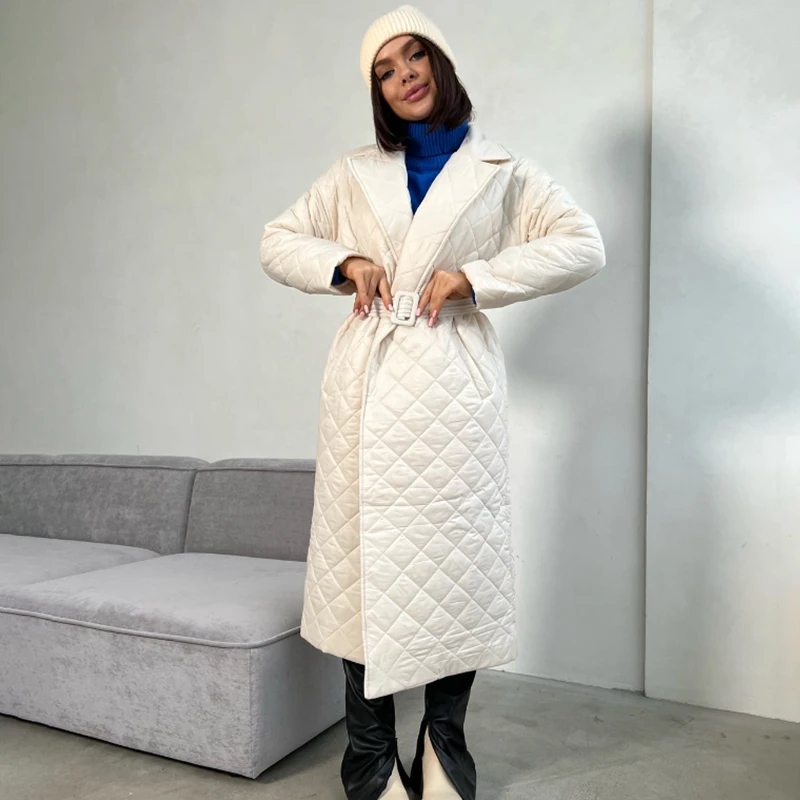 Ardm Elegant Quilted Belt Winter Jacket for Women 2022 Super Hot Lapel Long Coat Green Loose Warm Plaid Top Casual Coats Female