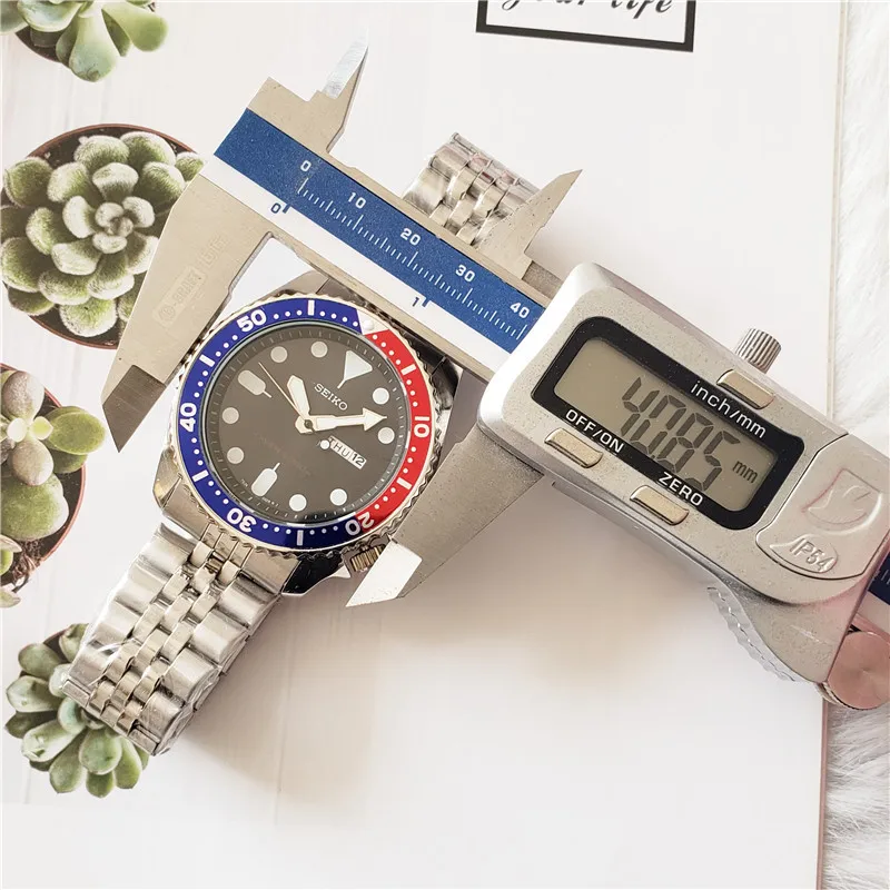 2022 New Seiko Watch Silver Strap Black Red Blue Bezel Quartz Fashion Luxury Date Sports Men's |