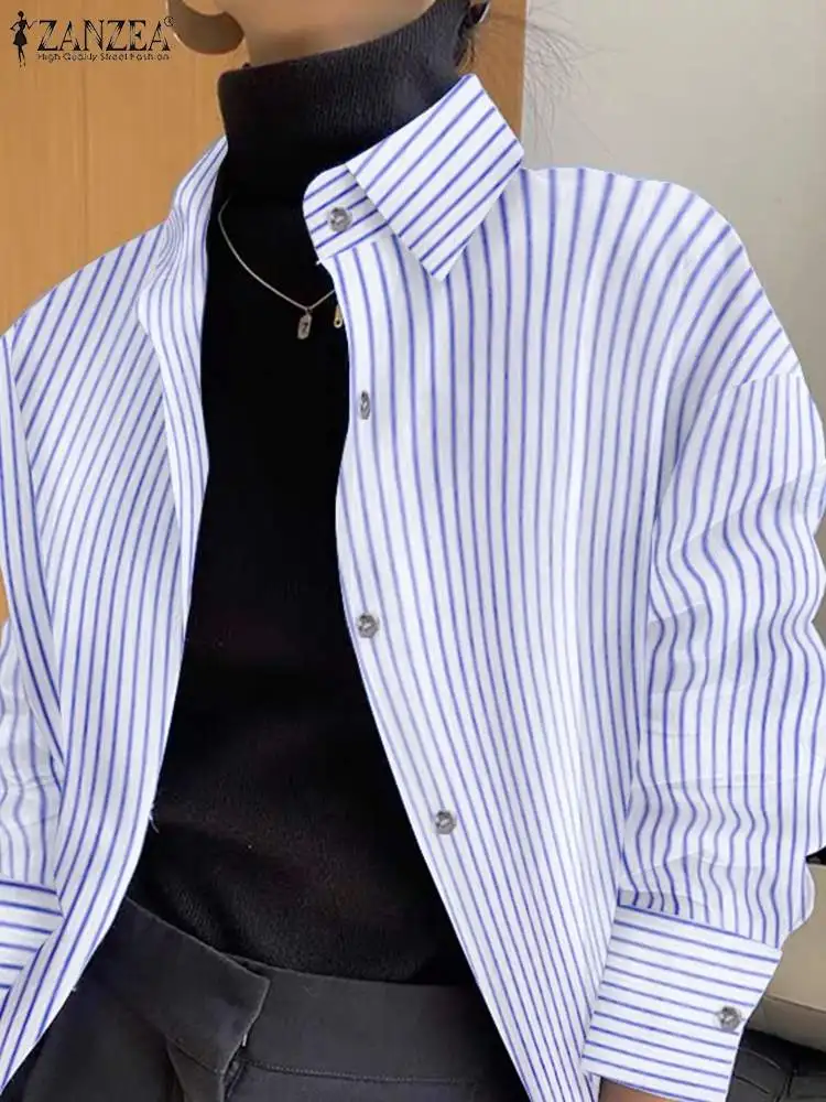 

2022 ZANZEA Lapel Stripe Printing Button Chemise Work OL Blusas Bohemian Holiday Casual Tops Spring Women Full Sleeve Blouse