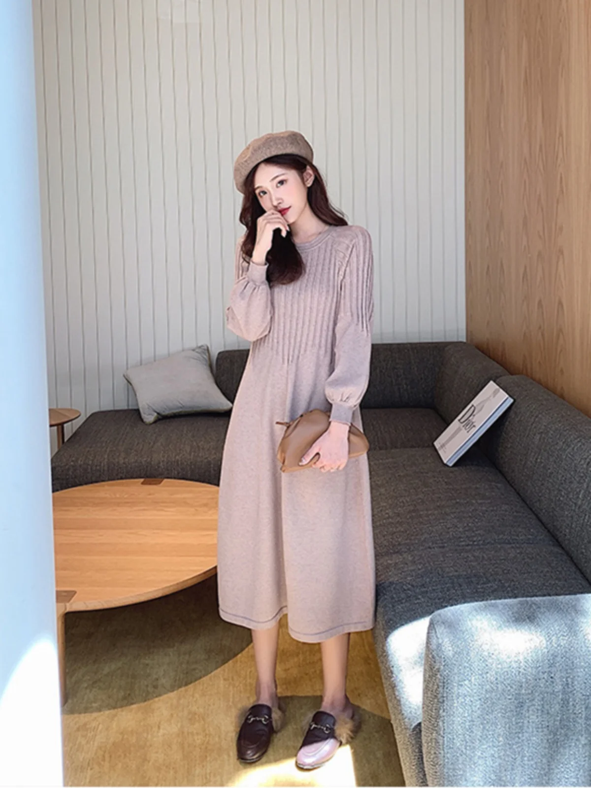 Платье-свитер с рукавами-фонариками женское осенне-зимнее одинаковое пальто