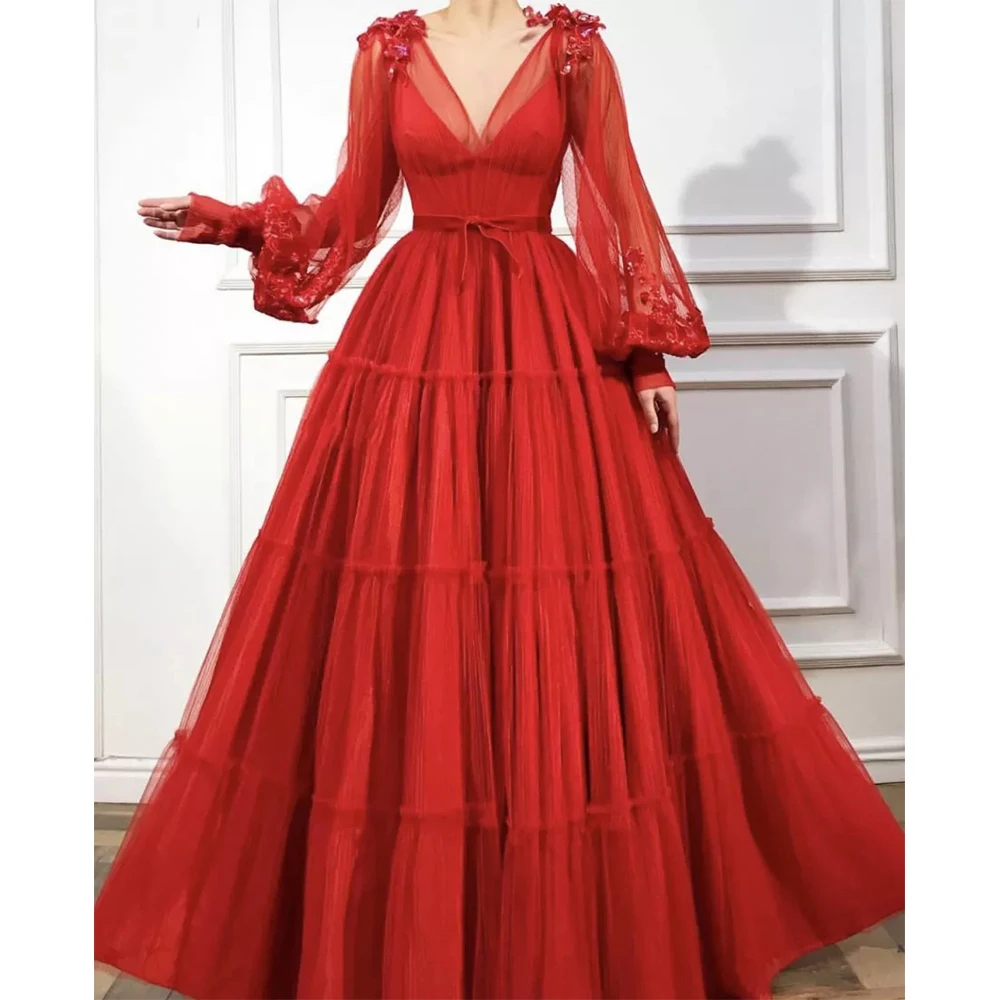 

Red Formal Dresses A-Line Long Sleeves Sexy V-Neck Tulle Islamic Dubai Saudi Arabic Evening Gown Prom Vestido De Noiva 2023 Robe
