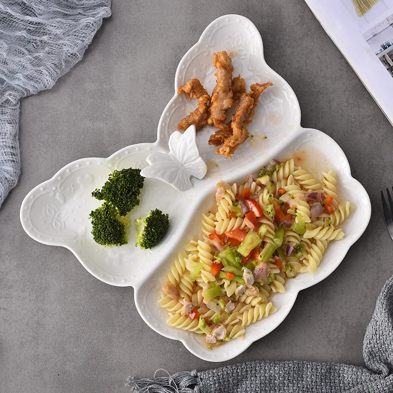 

European Embossed Plate Relief Butterfly Dessert Plate Anaglyph Afternoon Tea Tray Five-Panel Ceramic Fruit Tray Snack Container