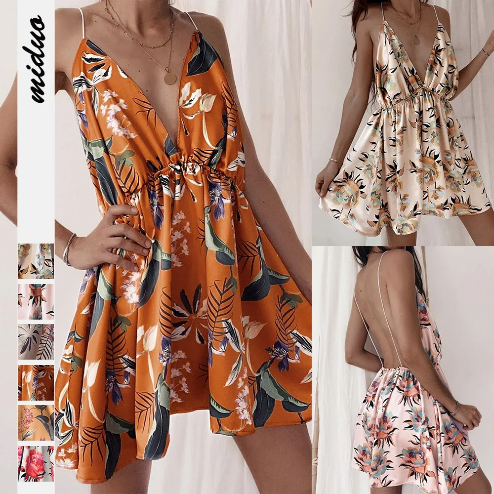 

Платье женское атласное с V-образным вырезом и цветочным принтом