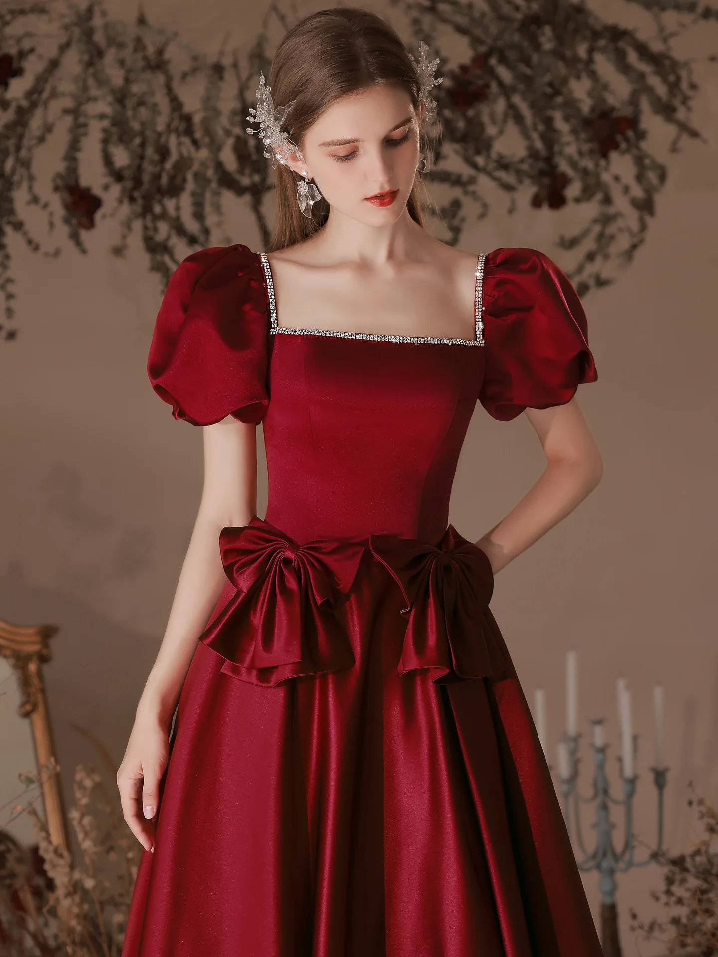 

Retro Burgundy Evening Dress Elegant Square Collar Puff Sleeve Mid-Length Bowknot Princess Dress Simple Satin Formal Prom Gowns