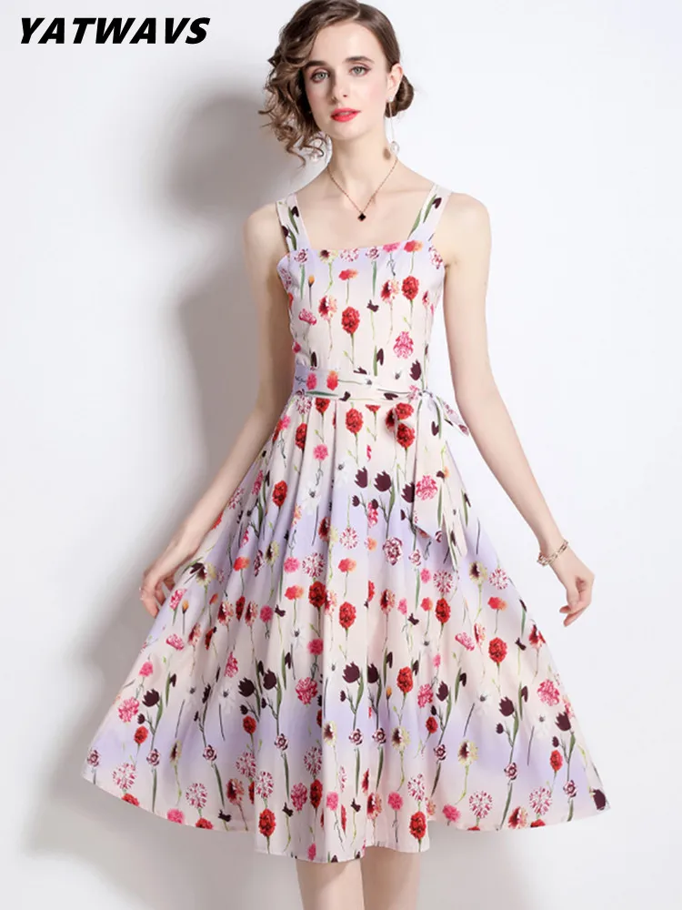 

New Women's Fashion Sleeveless Printing Beach Dresses Summer Runway Vintage Designer Spaghetti Strap Lace-Up A-Line Dress