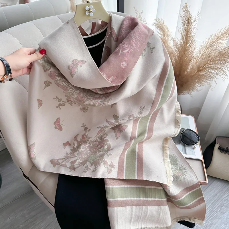 Элегантный Шарф Из Пашмины 2024 Модная Утолщенная Двусторонняя Жаккардовая