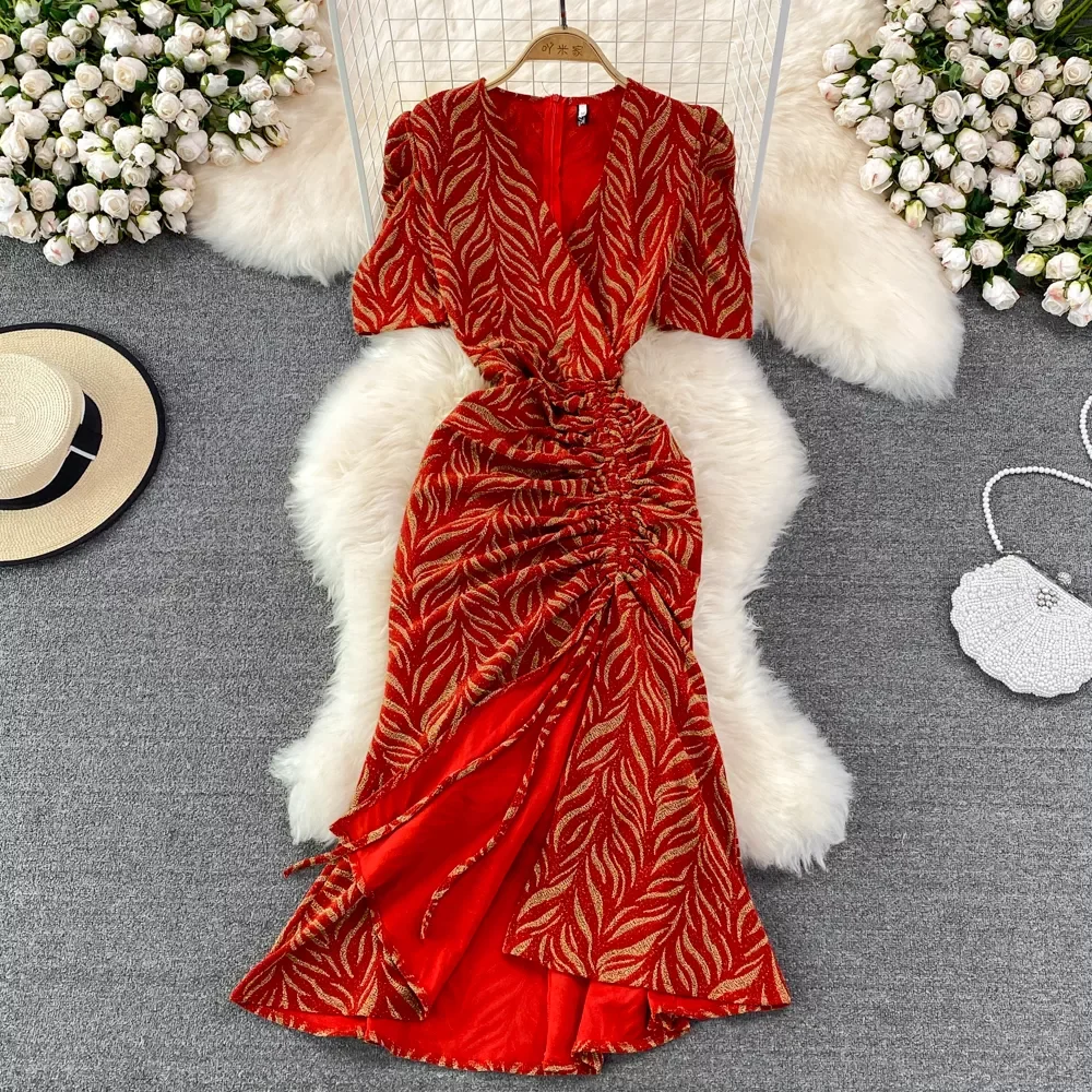 

Summer Women Bright Silk Mermaid Party Dress Sexy V-Neck Short Sleeve High Waist Drawstring Vestidos Female Elegant Long Robe