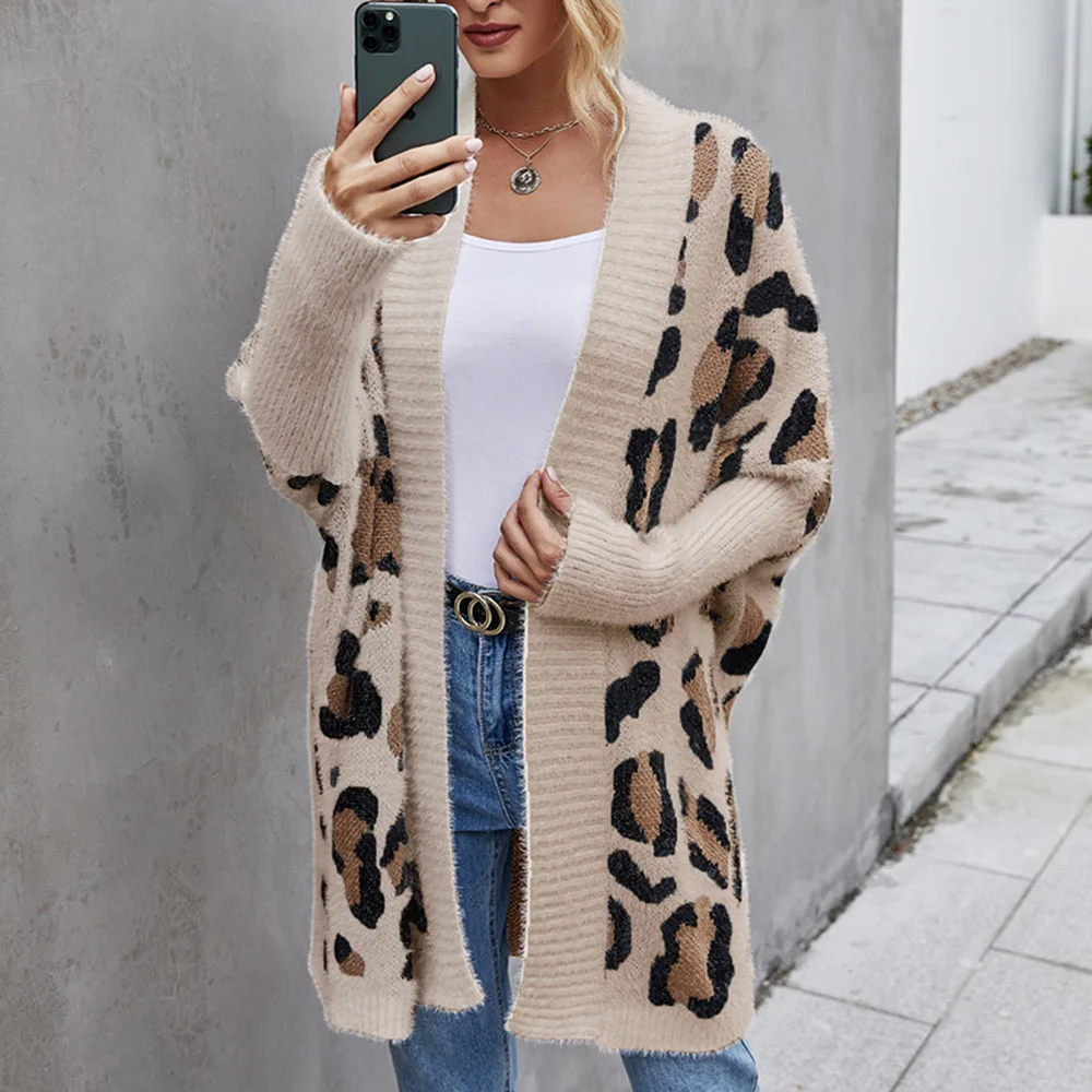 

Leopard Long Cardigan Female Slim Batwing Sleeve Overized Sweaters Cardiagns For Women Winter Coat White Clothes