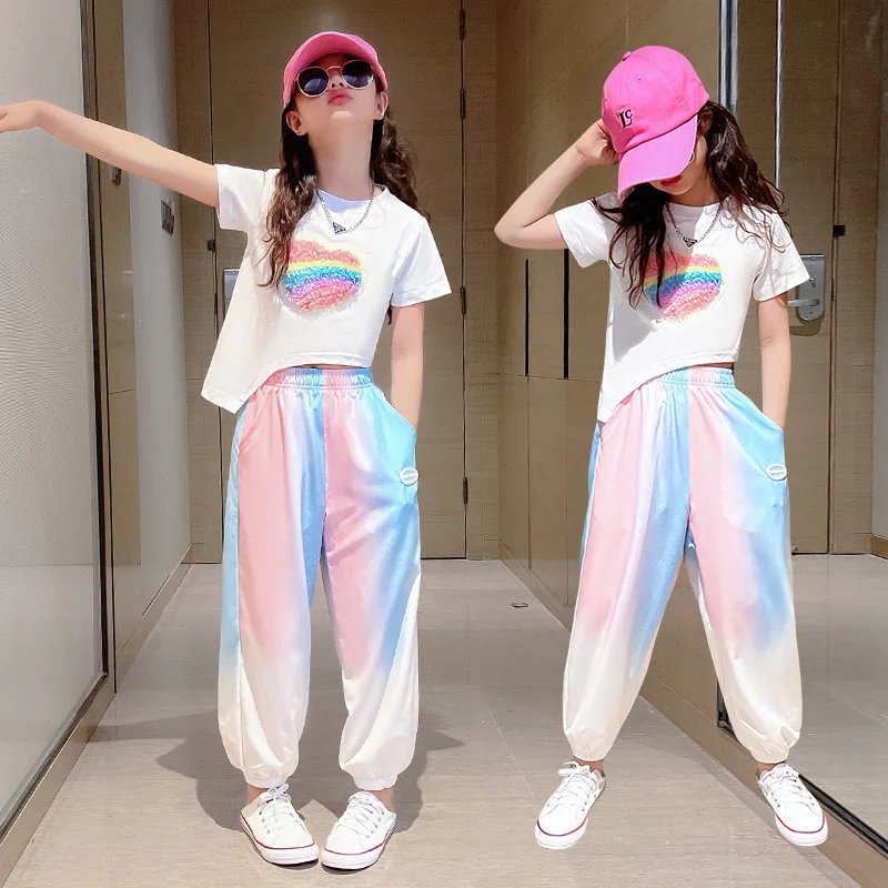 

7Girls T-shirt Pants Suit 2022 Summer Dress New Big Children's Wear Western Style Sports Casual Pants Two Piece Rainbow