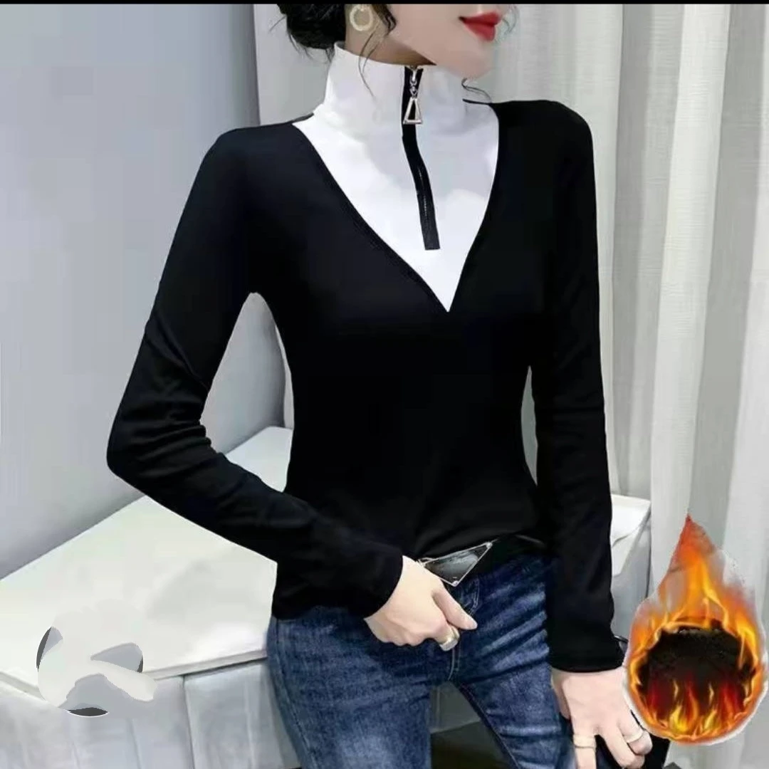 

Толстый/тонкий осенне-зимний новый пуловер с воротником-стойкой, женская футболка с длинным рукавом, цветная рубашка на молнии, Топ