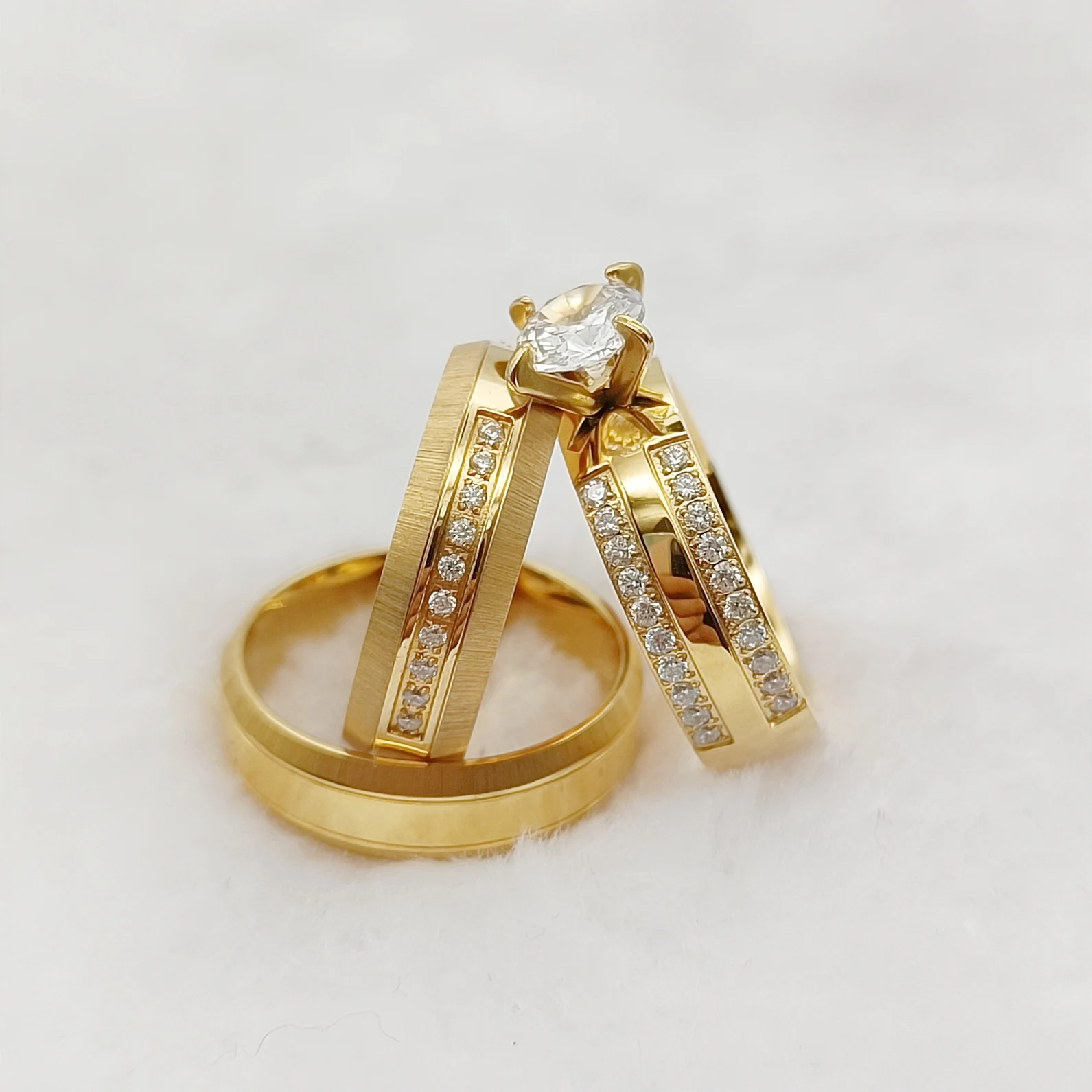 

Unique 3PCS Bridal Promise Wedding Engagement Rings Sets for Couples Lovers Alliance 24k Gold Plated Jewelry Anelli Donna