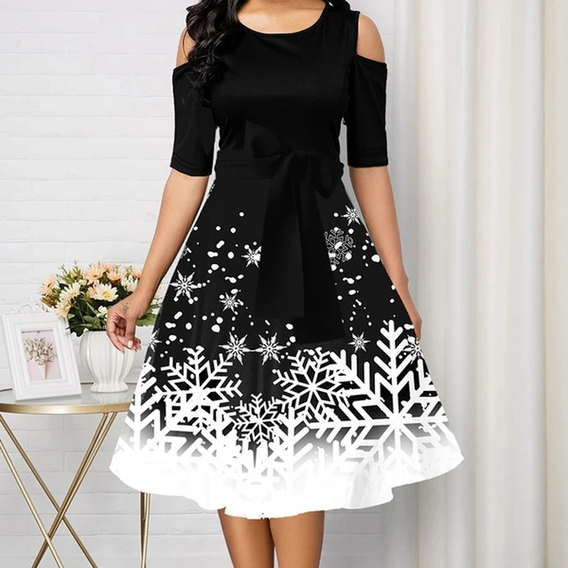 Off Shoulder Dress Women Christmas Party Dress Snowflake Print Elegant Robe  Female Casual Long Flared High Waist Sexy Midi Dress - купить по выгодной  цене | AliExpress